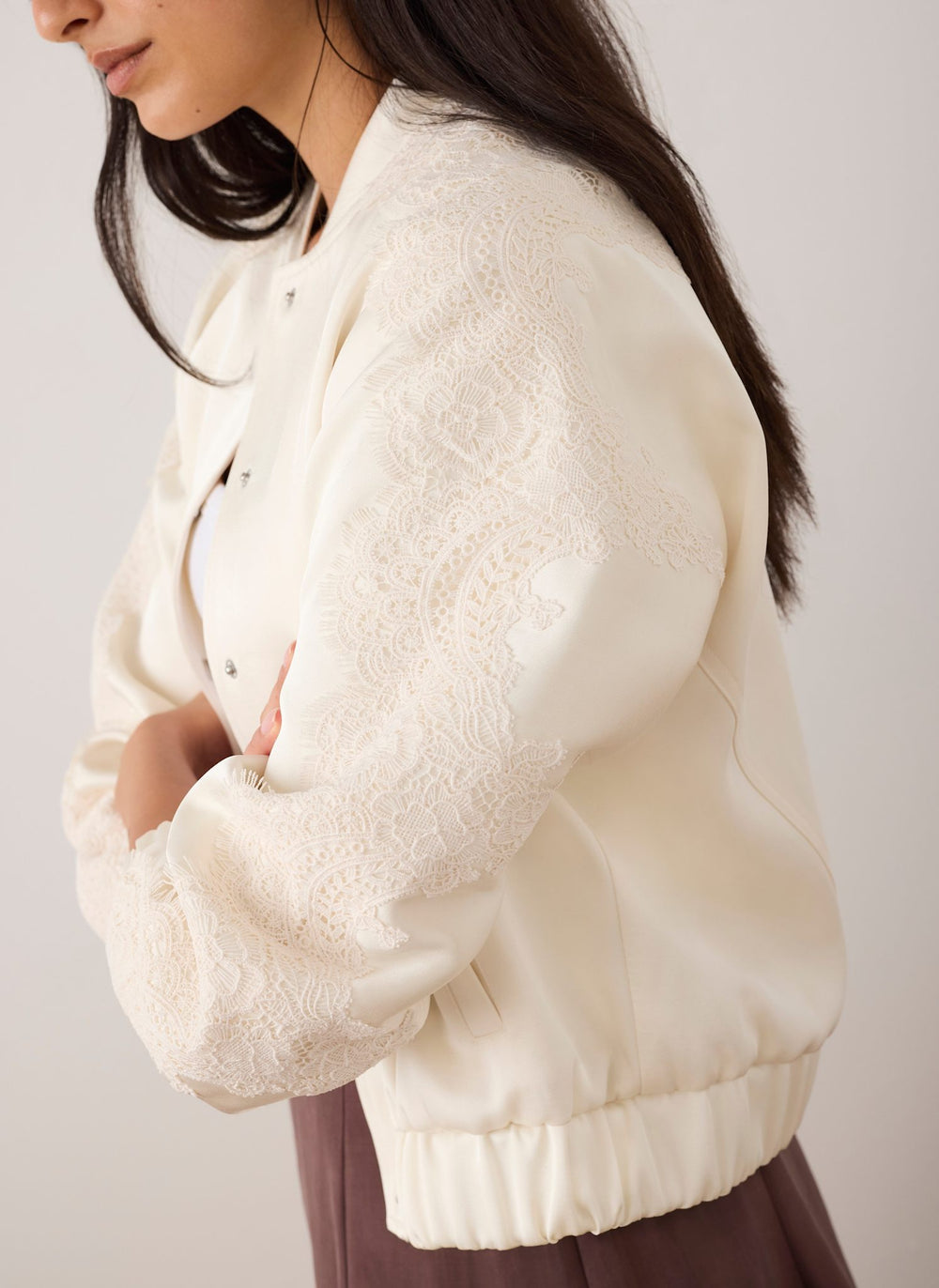 Cream Satin Lace Sleeve Bomber Jacket