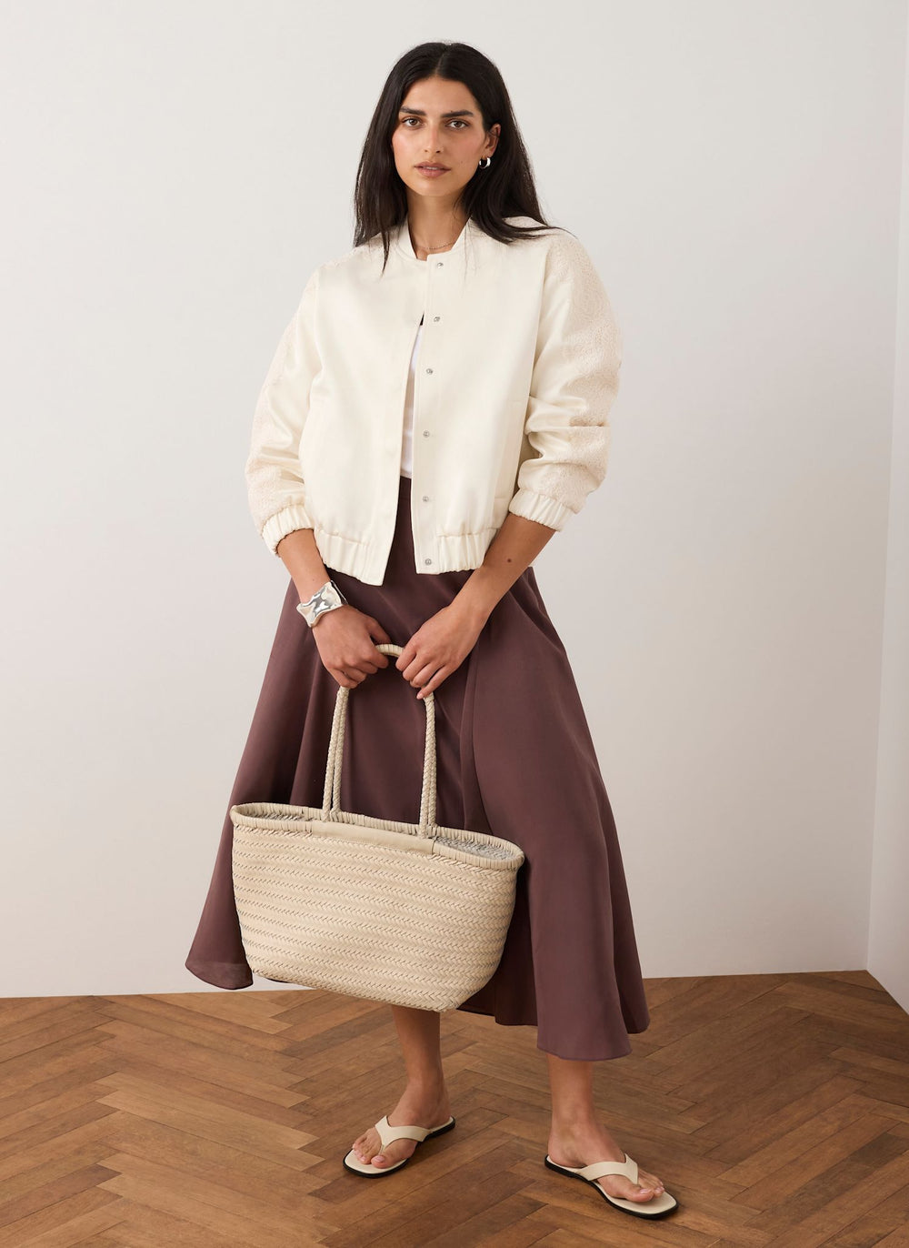 Cream Satin Lace Sleeve Bomber Jacket