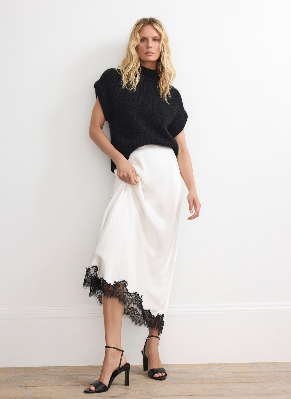 Cream Lace Satin Slip Skirt