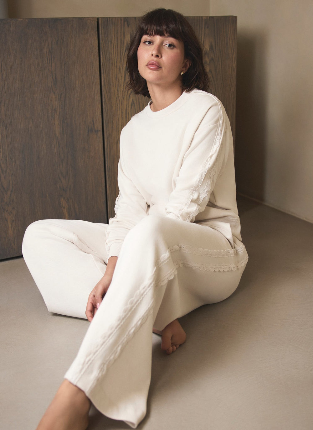 Cream Cotton Blend Lace Trim Sweatshirt