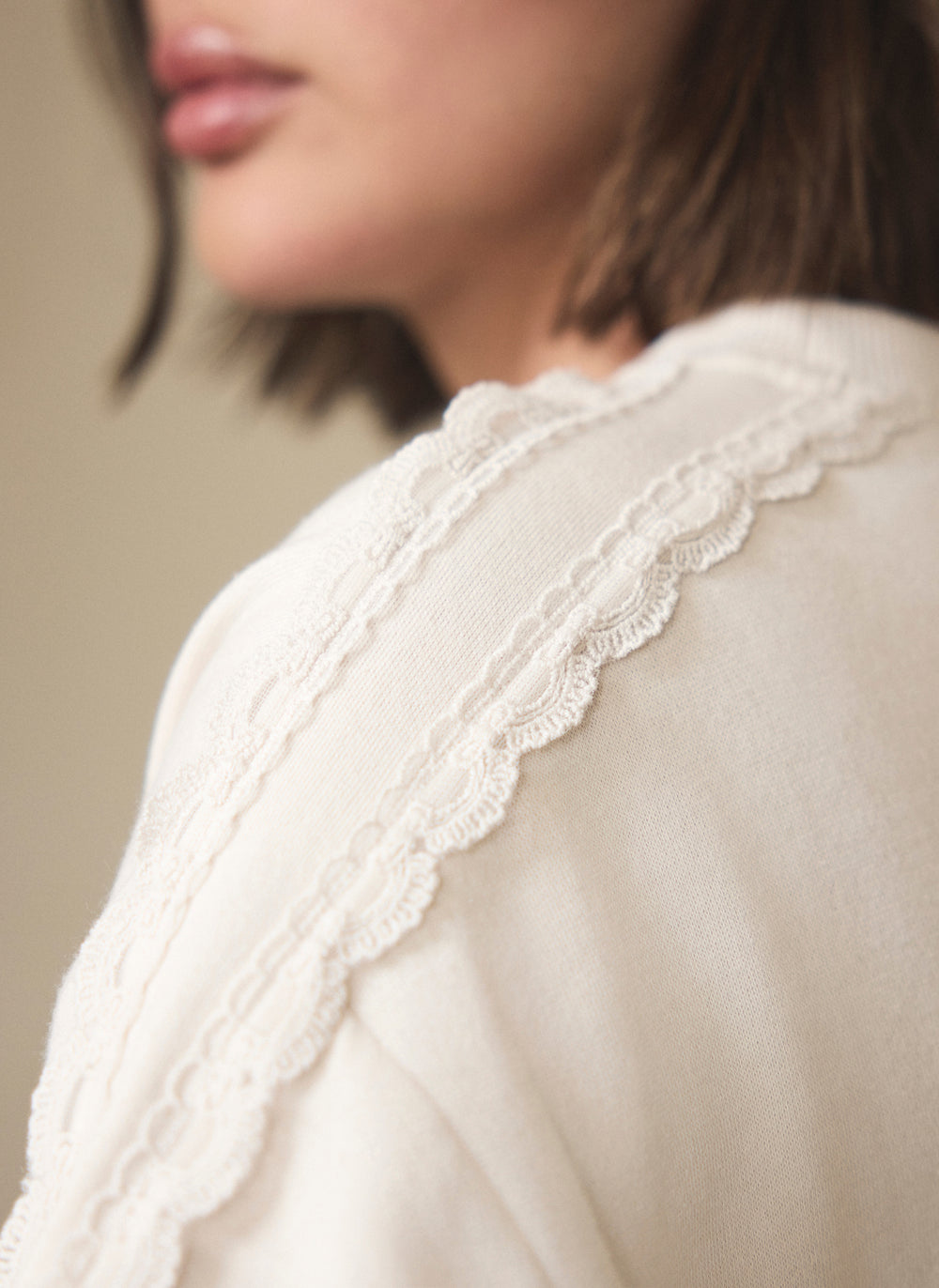 Cream Cotton Blend Lace Trim Sweatshirt