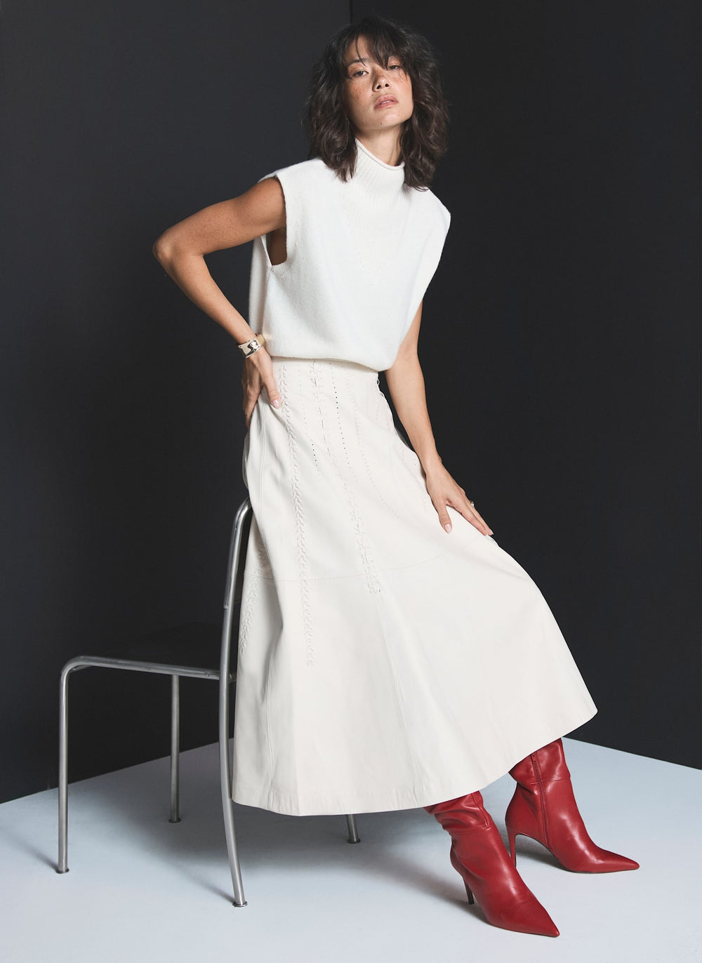 Cream Leather Stitch Detail Midi Skirt