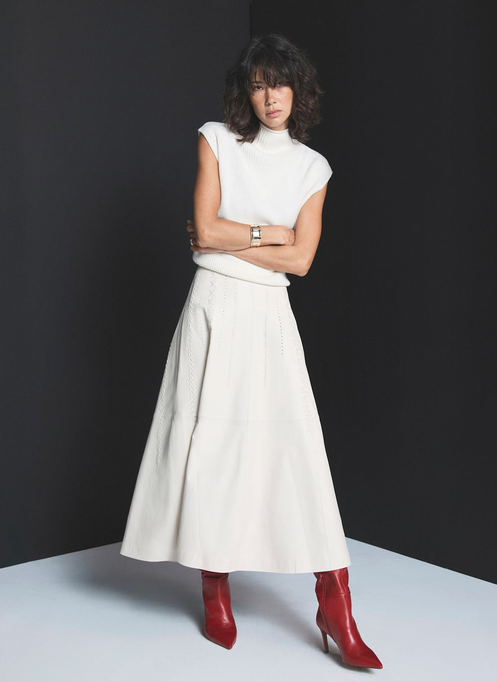 Cream Leather Stitch Detail Midi Skirt