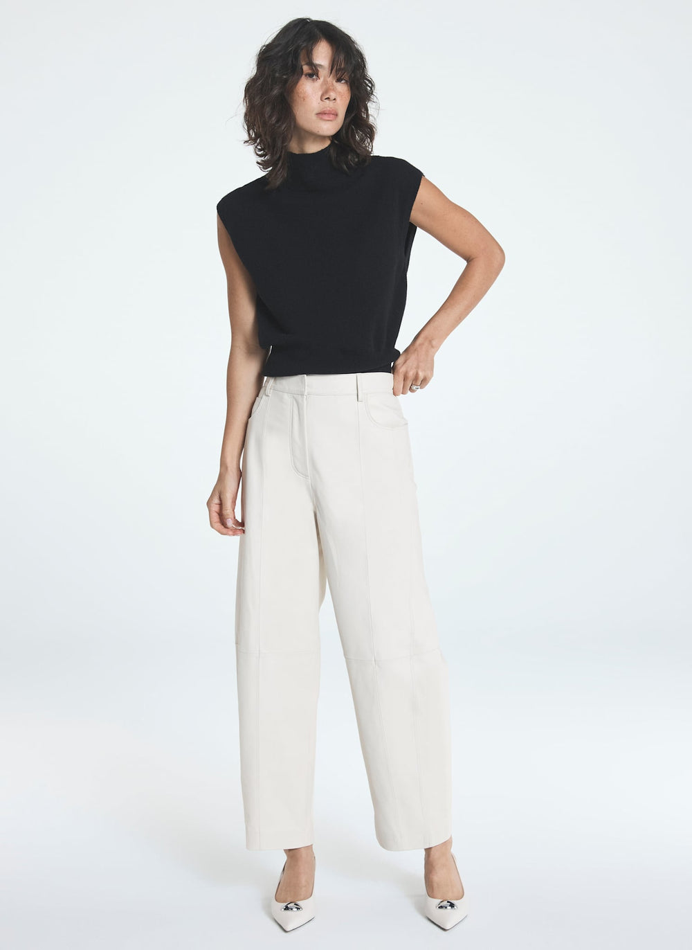 Cream Leather Barrel Leg Trousers