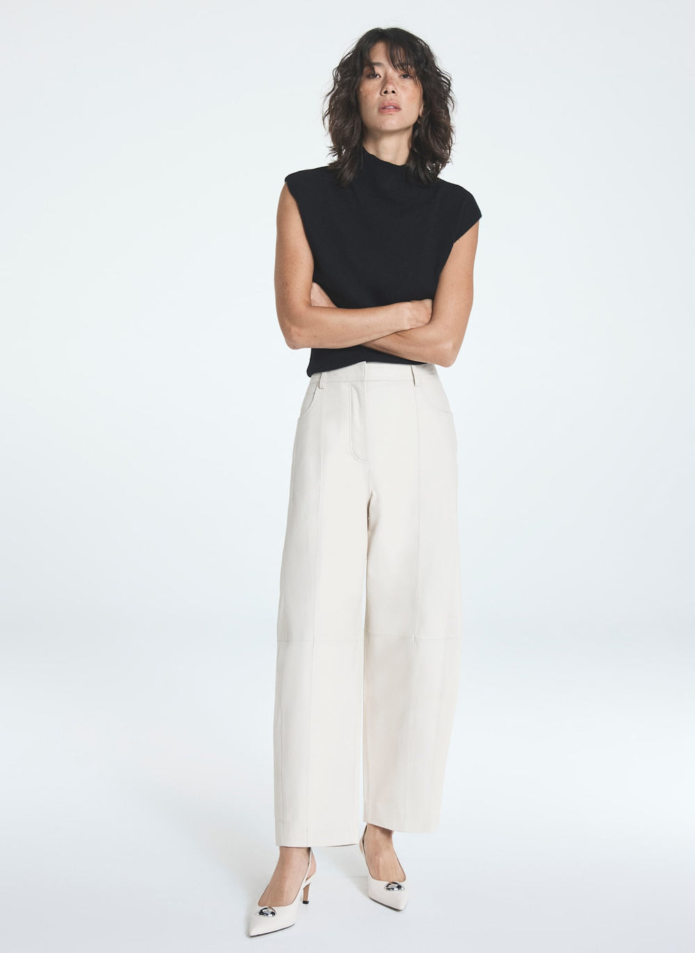 Cream Leather Barrel Leg Trousers