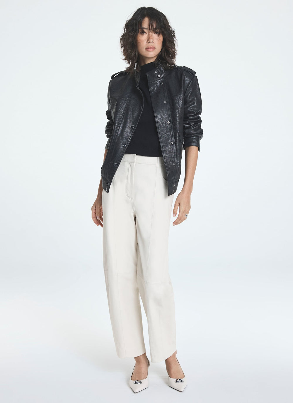 Cream Leather Barrel Leg Trousers