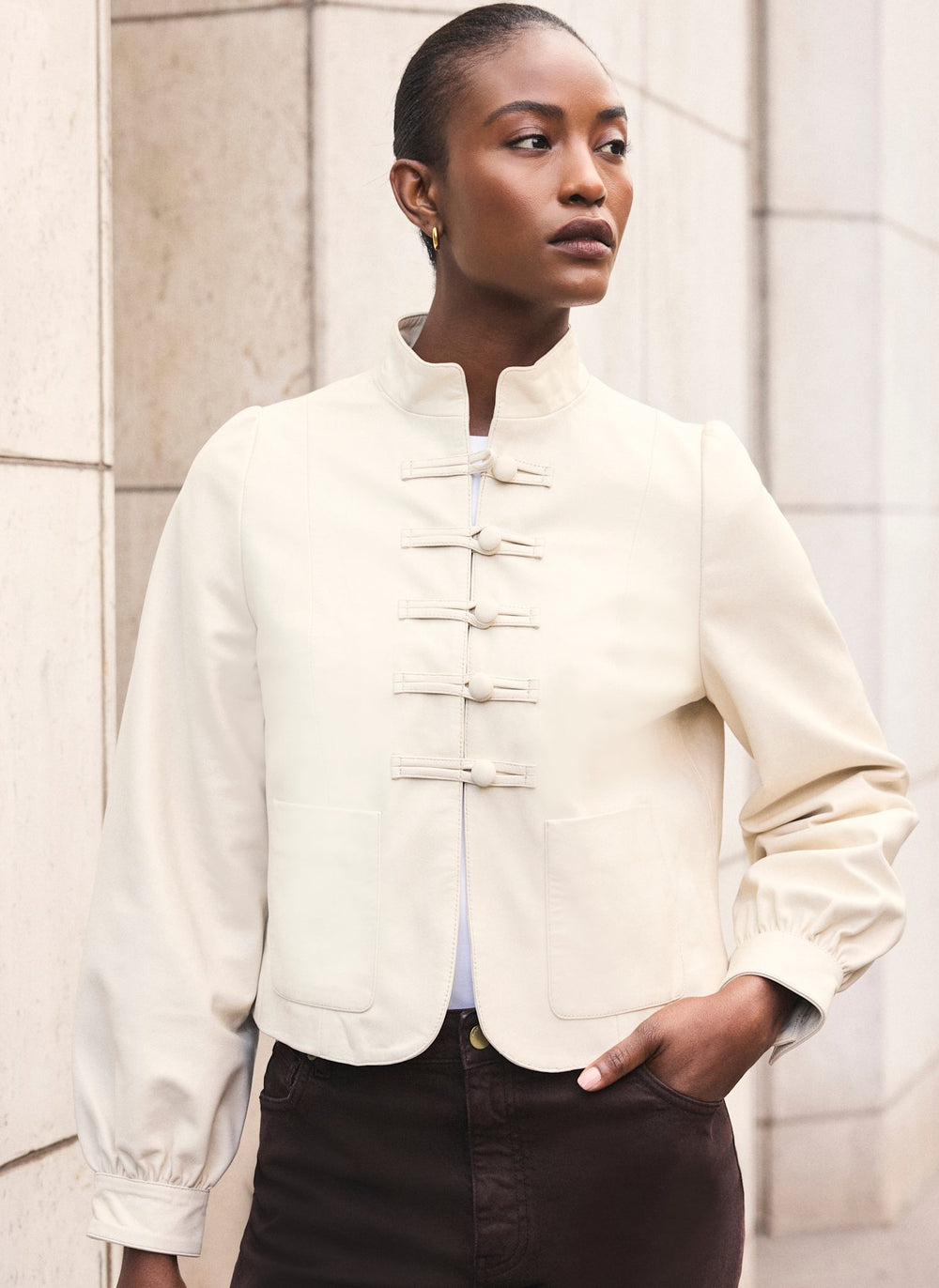 Cream Leather Stand Collar Jacket