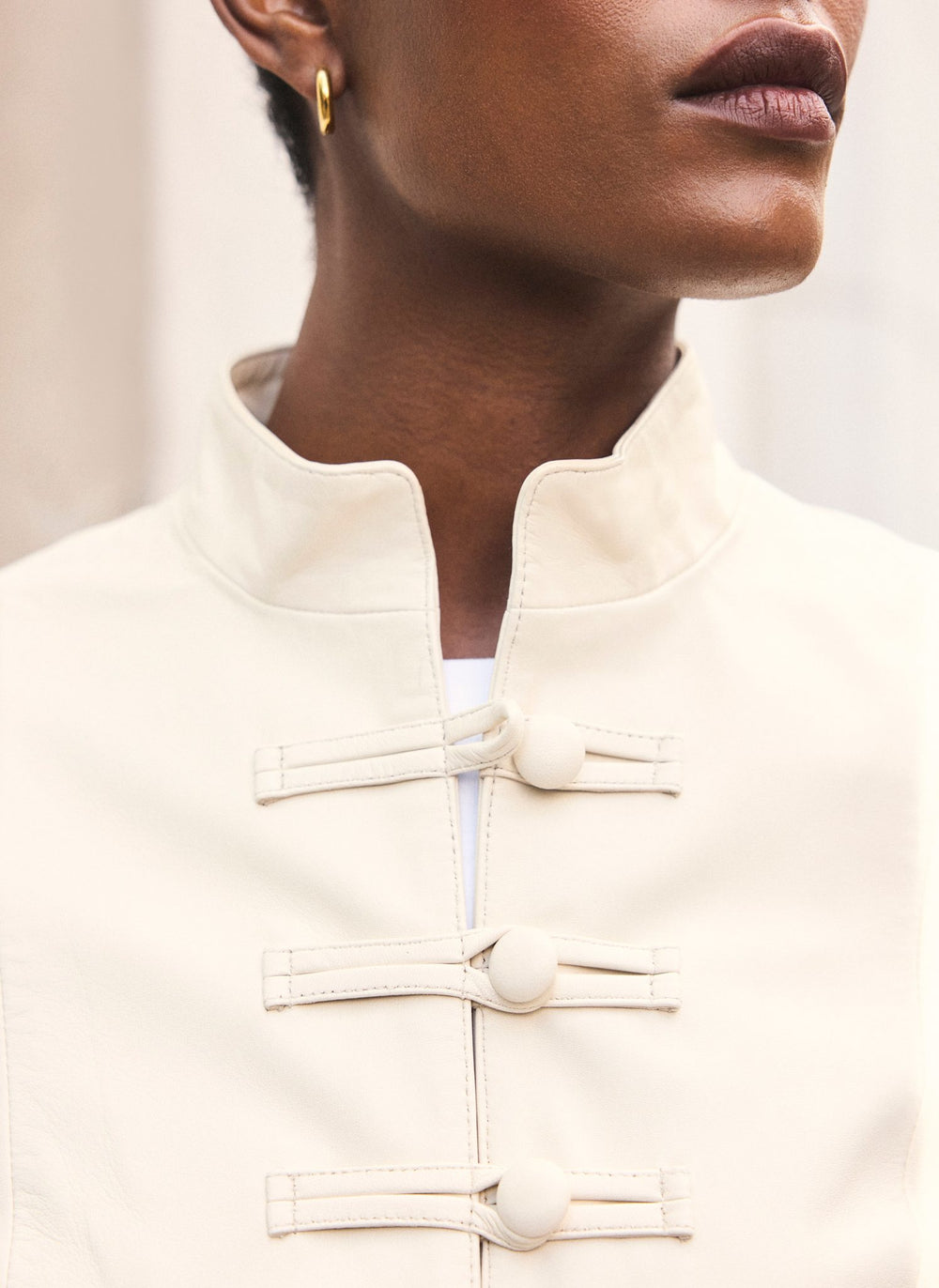Cream Leather Stand Collar Jacket