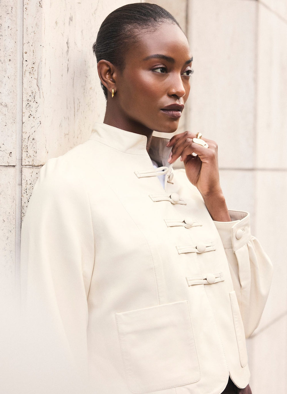Cream Leather Stand Collar Jacket