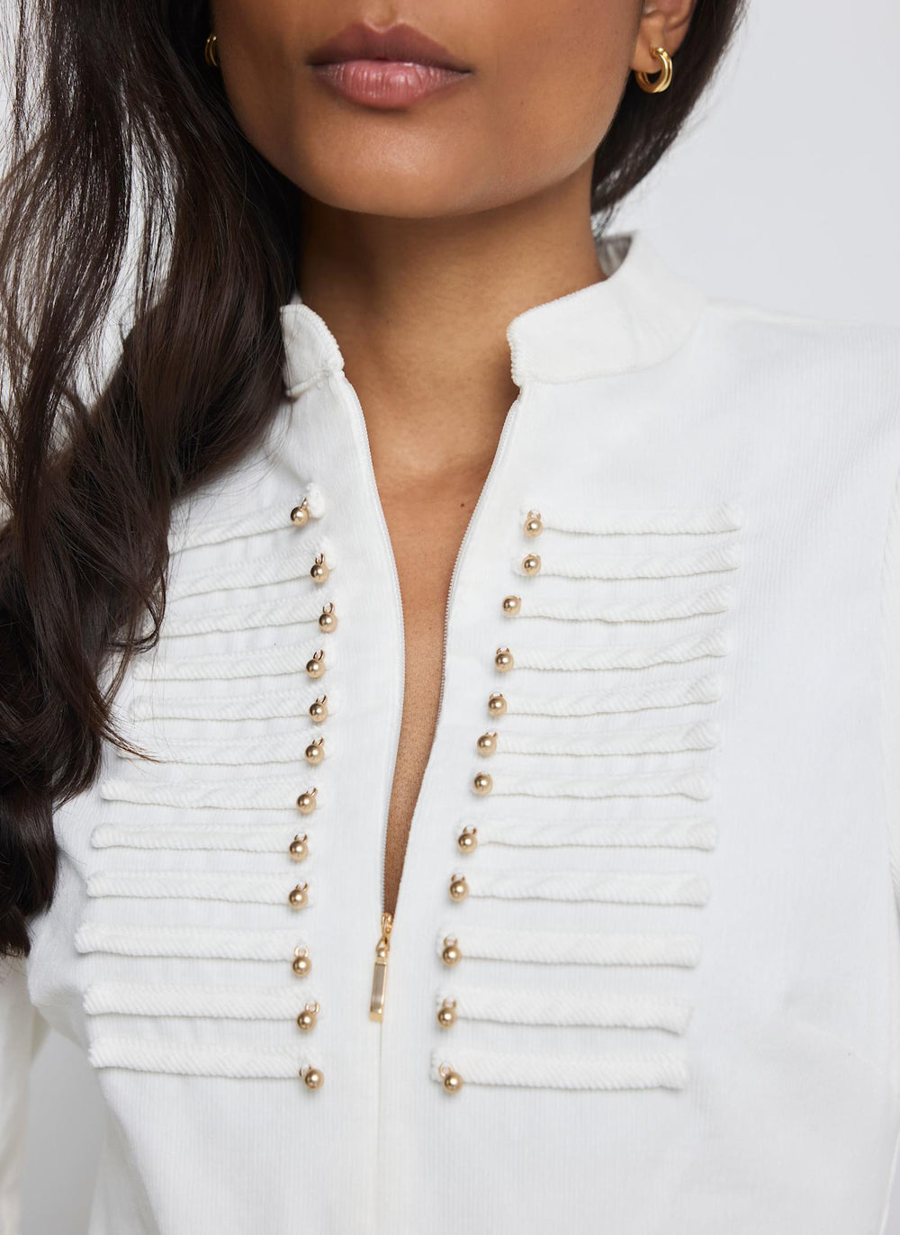 Cream Corduroy Military Detail Midi Dress