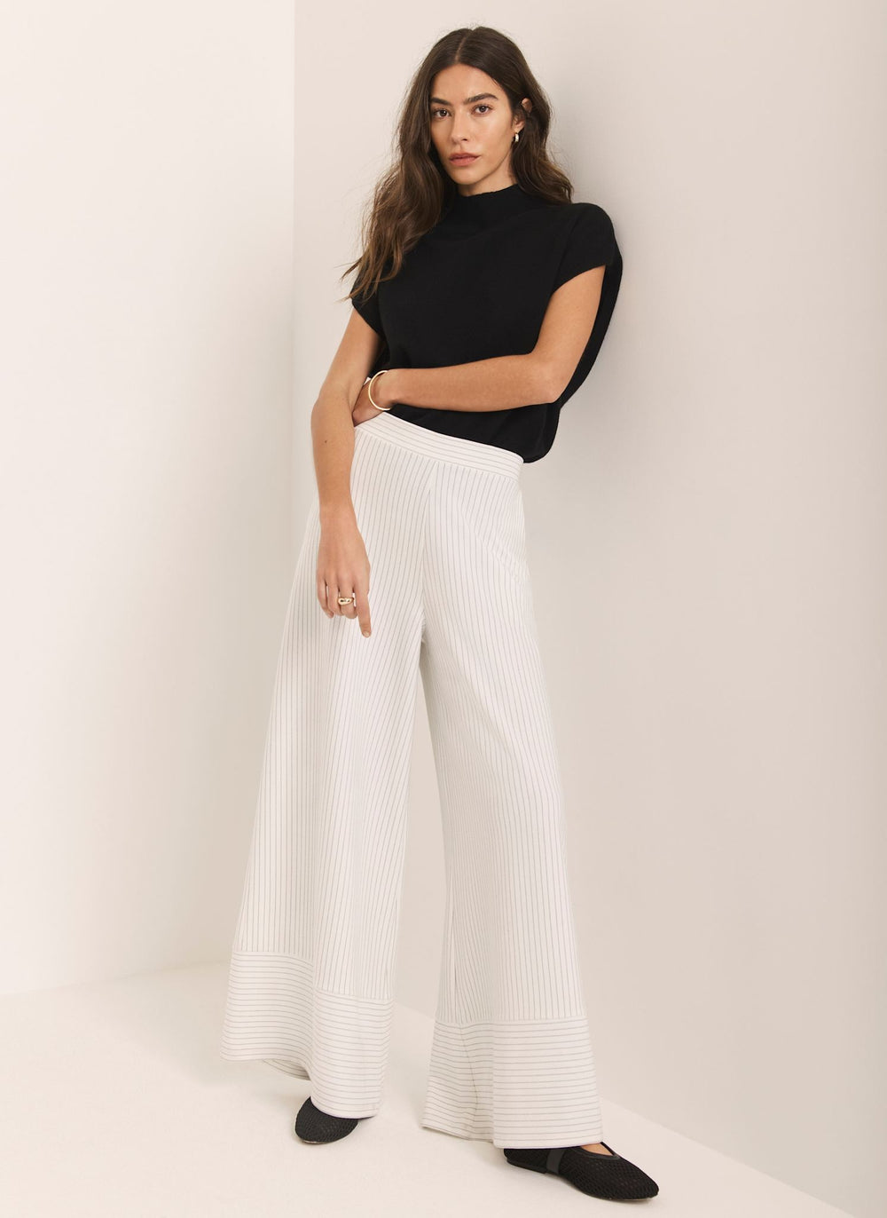 Cream Jersey Pinstripe Wide Trousers