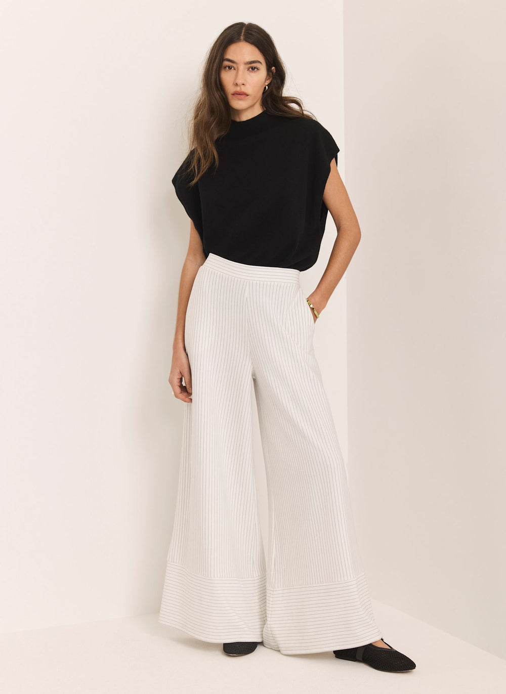 Cream Jersey Pinstripe Wide Trousers