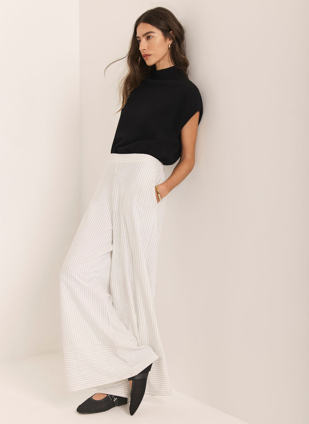 Cream Jersey Pinstripe Wide Trousers