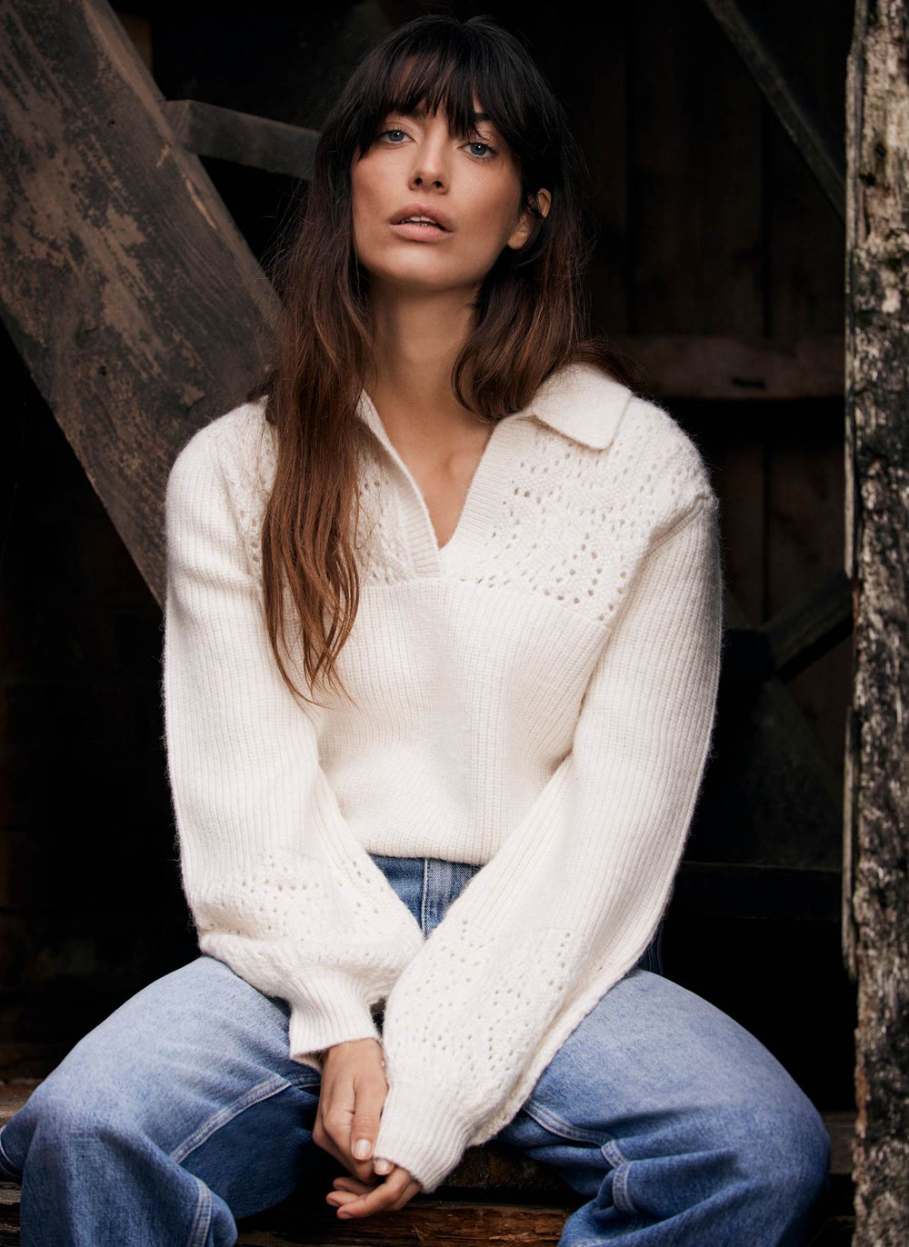 Cream Pointelle Collar Jumper