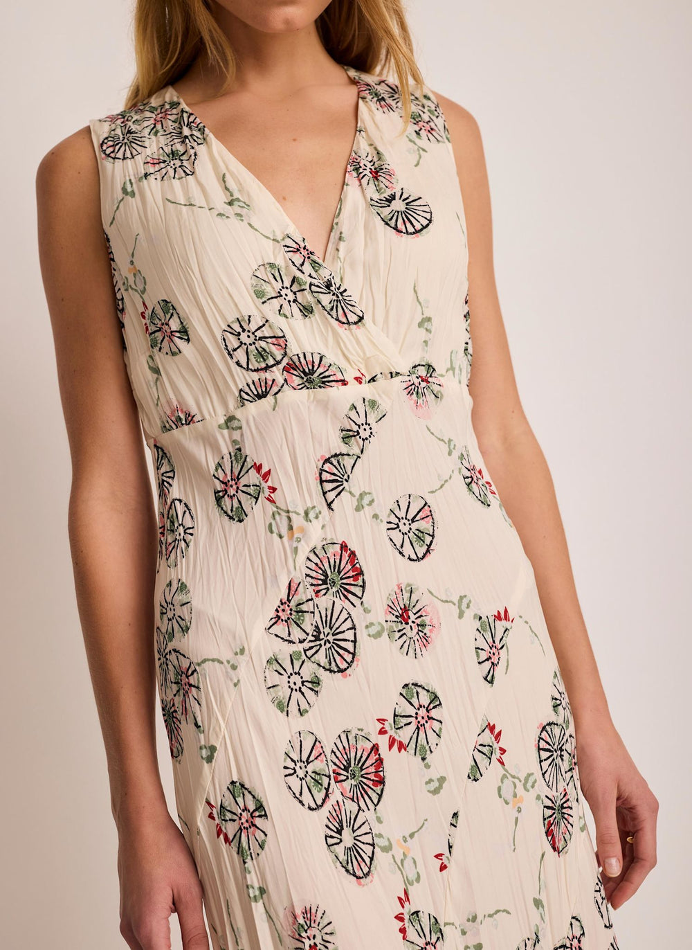 Cream Printed Crinkle Midi Dress