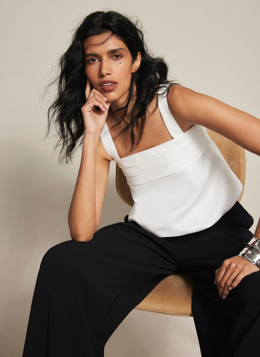 Cream Satin Pleat Detail Top