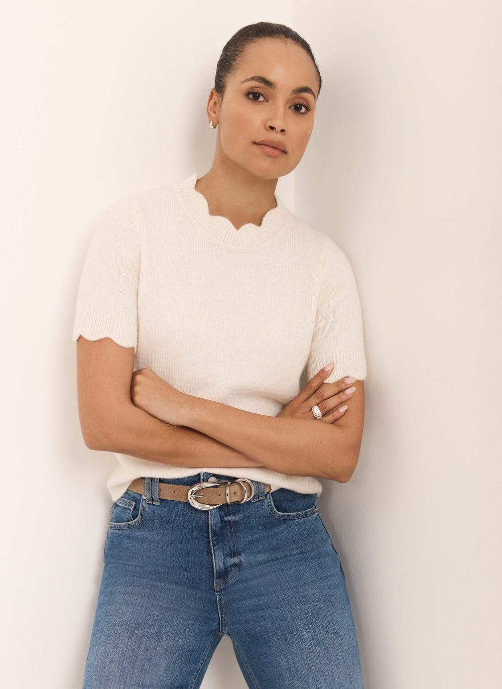 Cream Scallop Knit Top