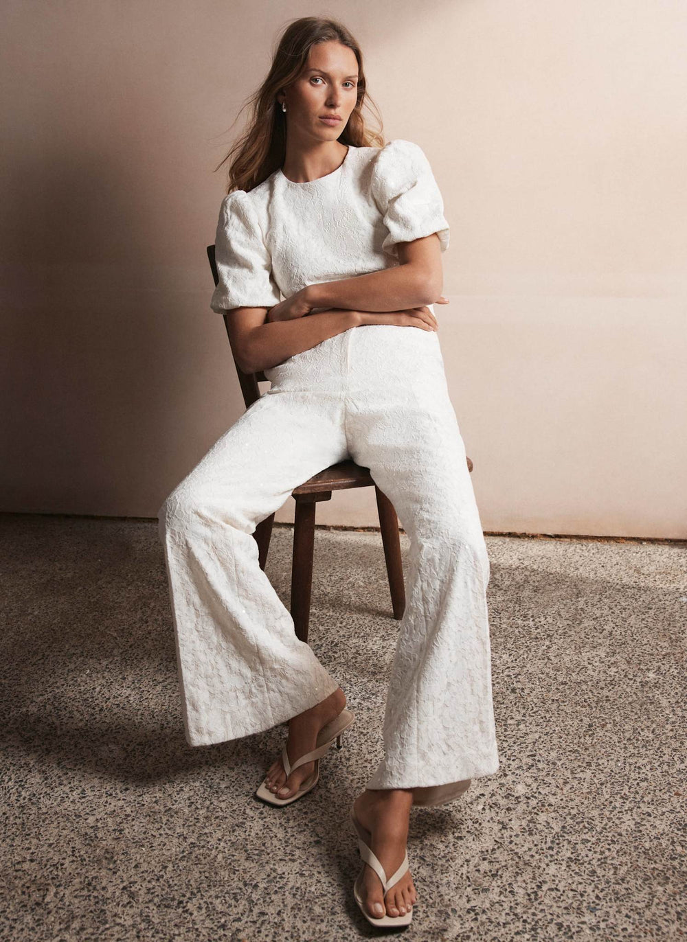 Cream Sequin Lace Flared Trousers