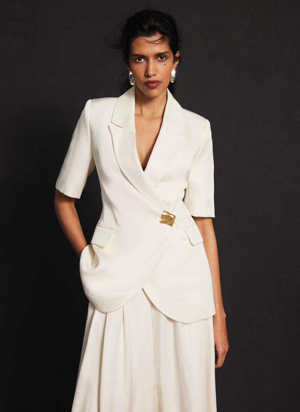 Cream Short Sleeve Longline Blazer