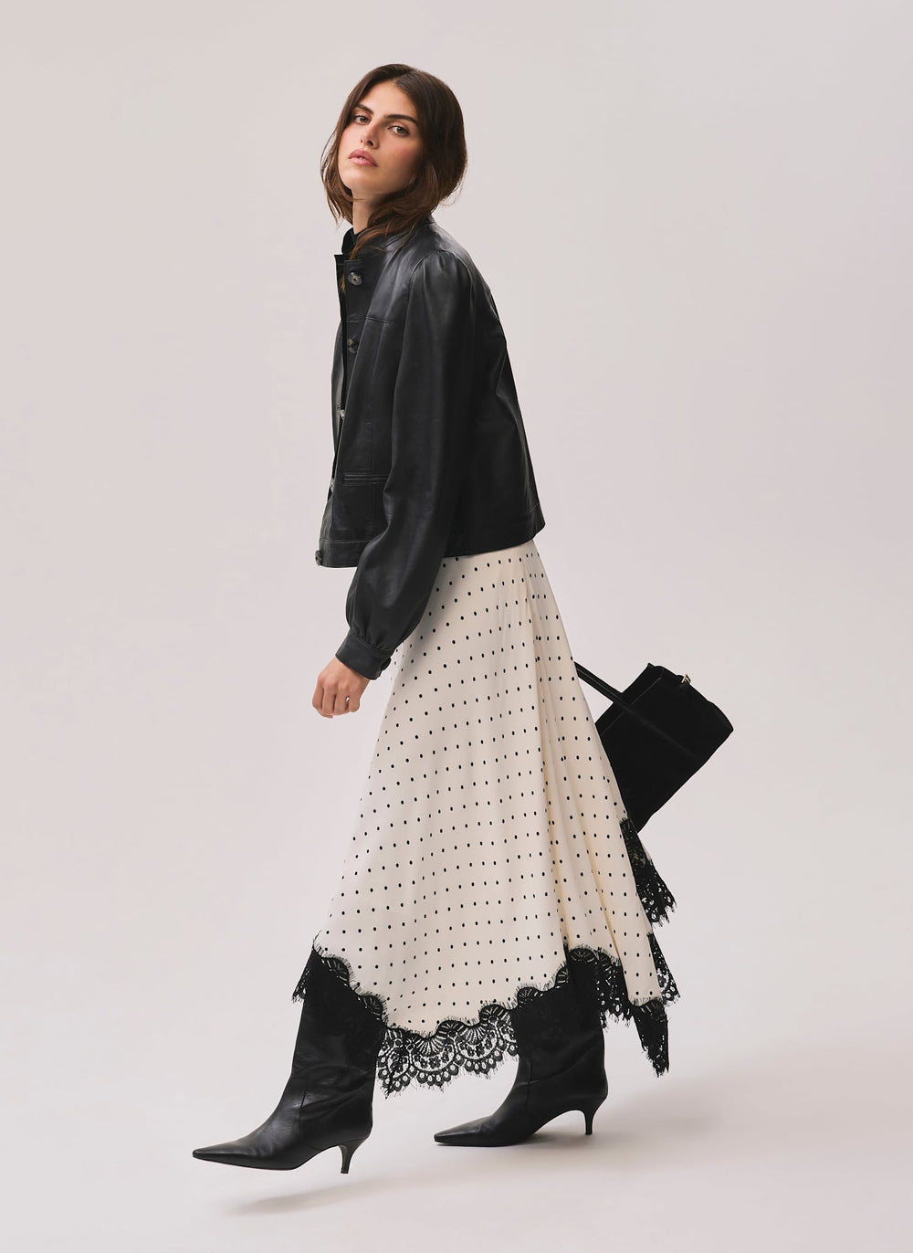 Cream Polka Dot Lace Trim Maxi Skirt