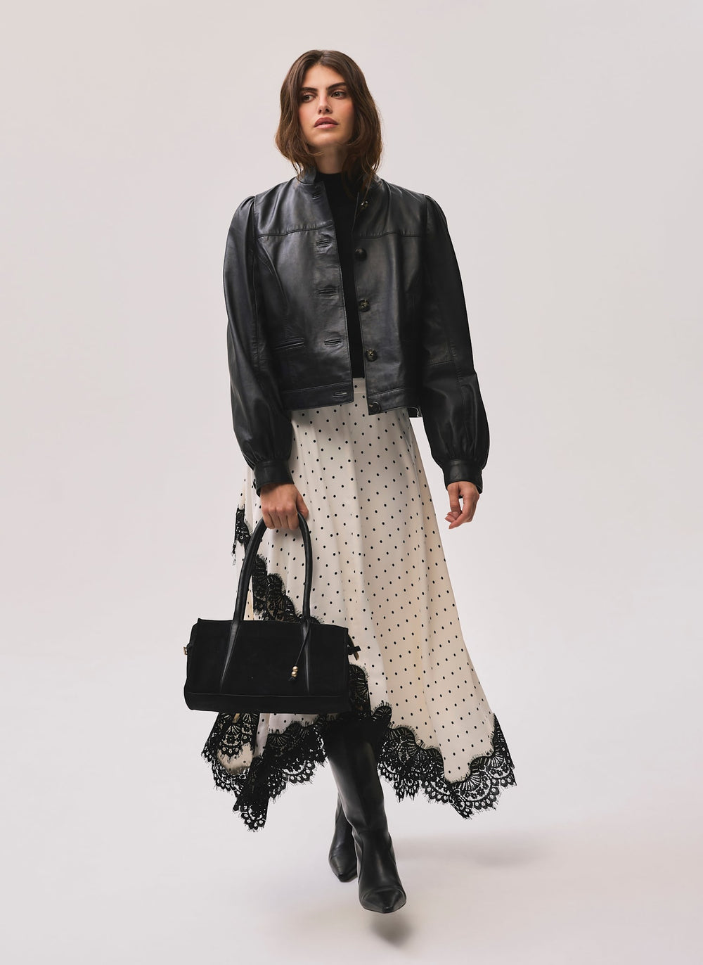 Cream Polka Dot Lace Trim Maxi Skirt