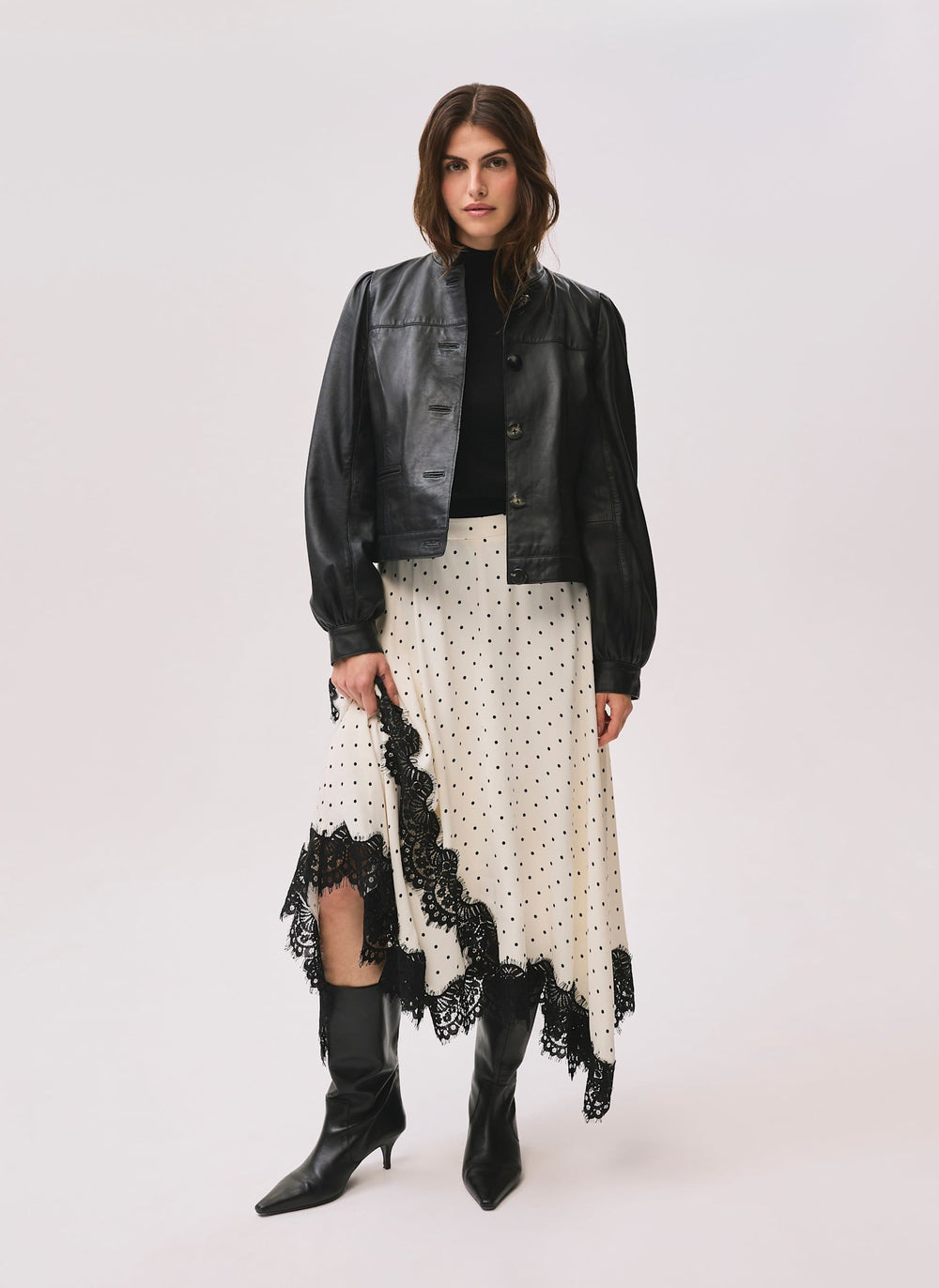 Cream Polka Dot Lace Trim Maxi Skirt