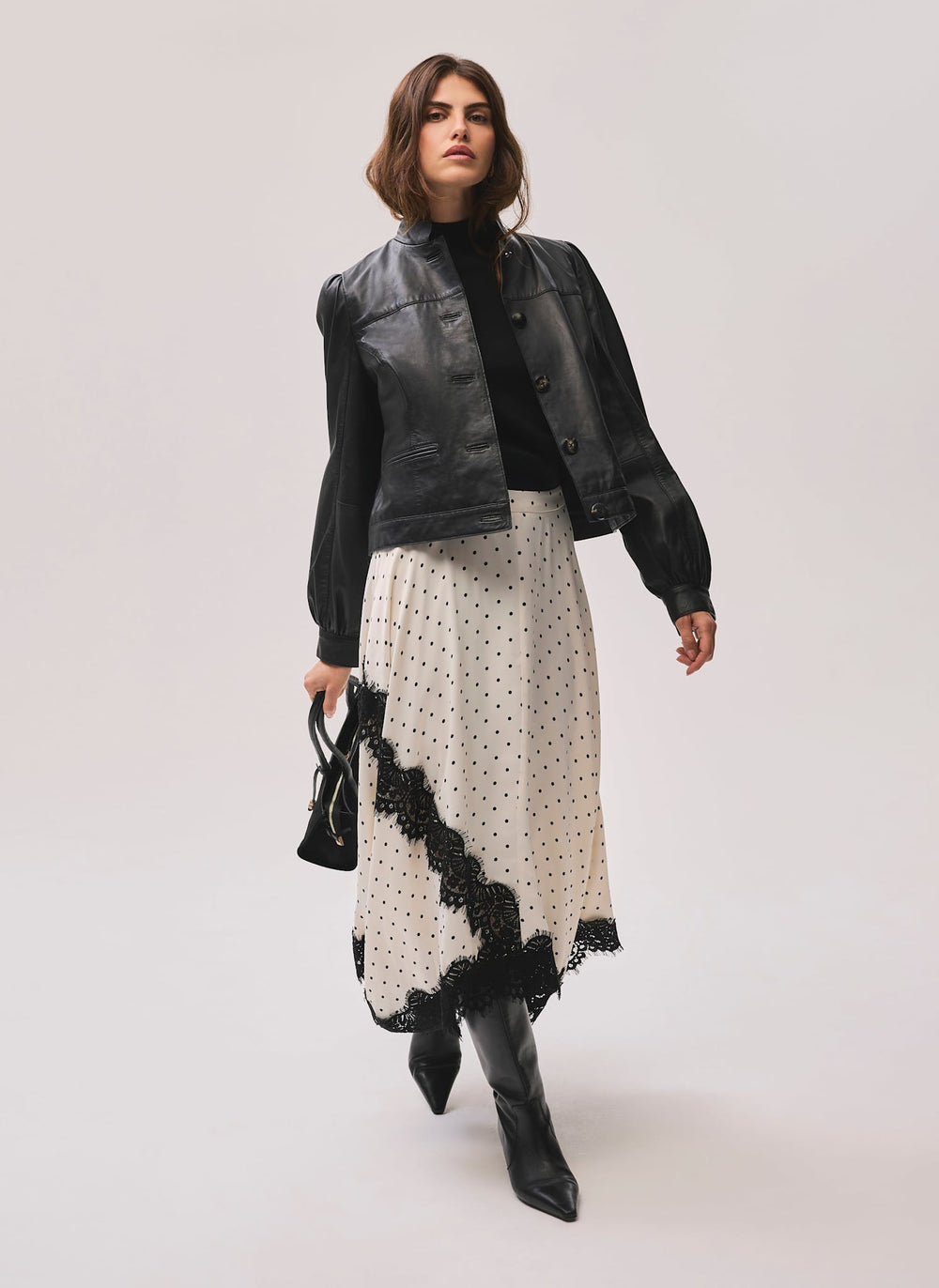 Cream Polka Dot Lace Trim Maxi Skirt