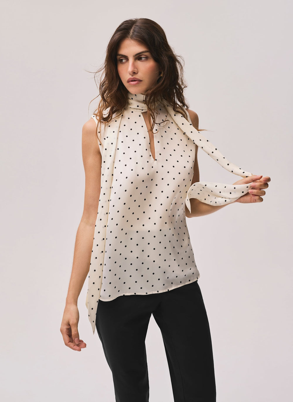Cream Polka Dot Tie Neck Top