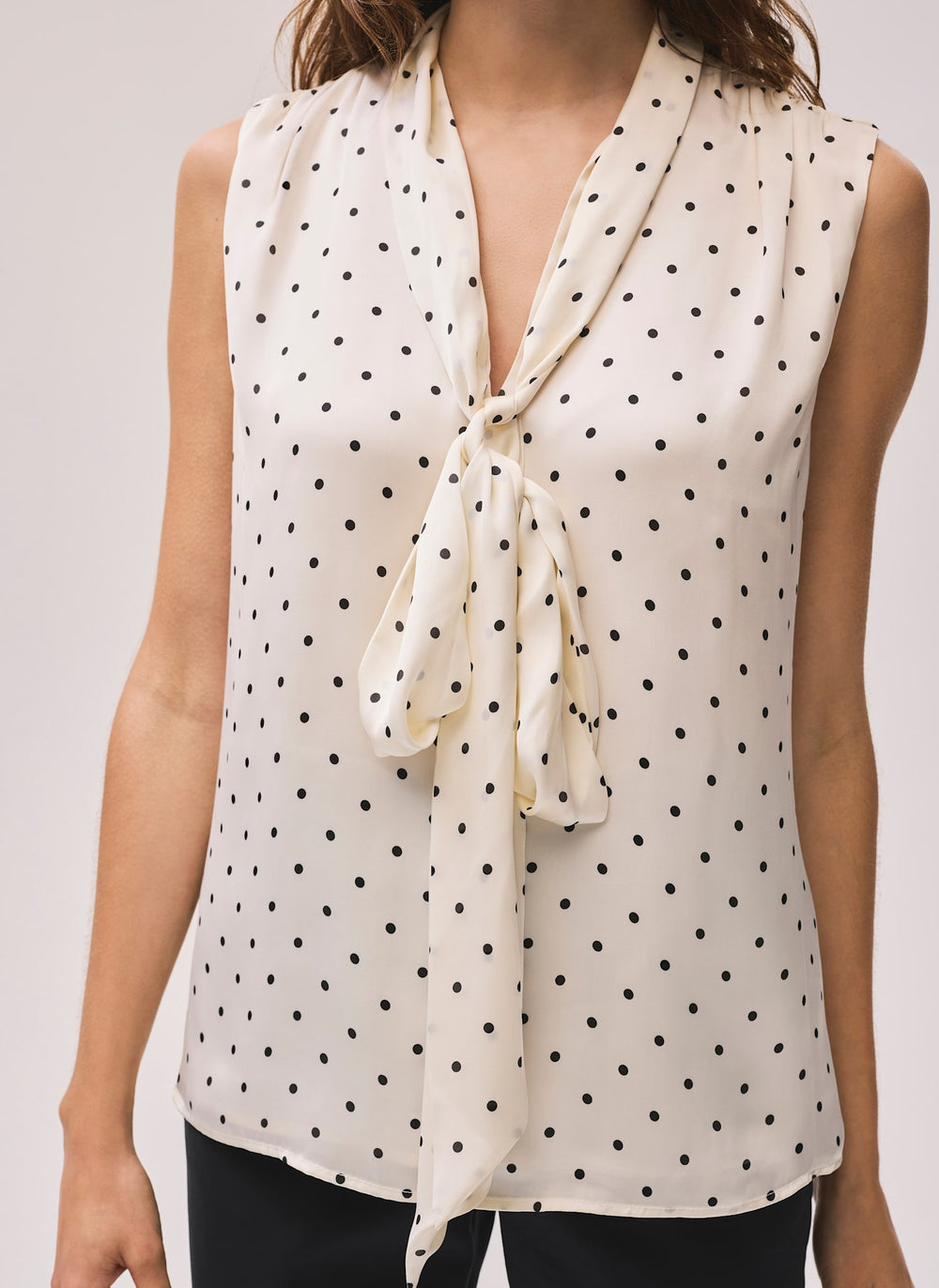 Cream Polka Dot Tie Neck Top
