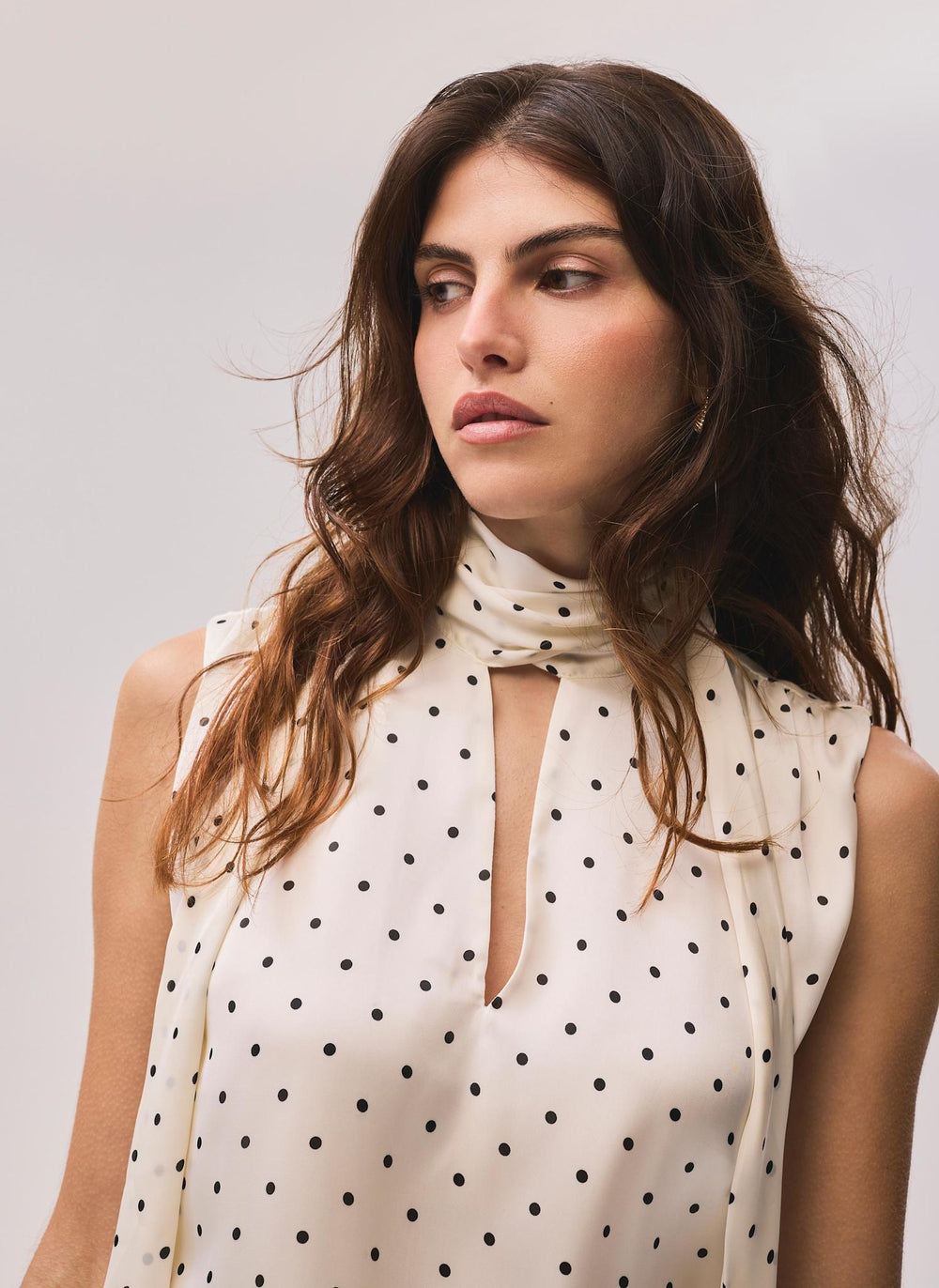 Cream Polka Dot Tie Neck Top