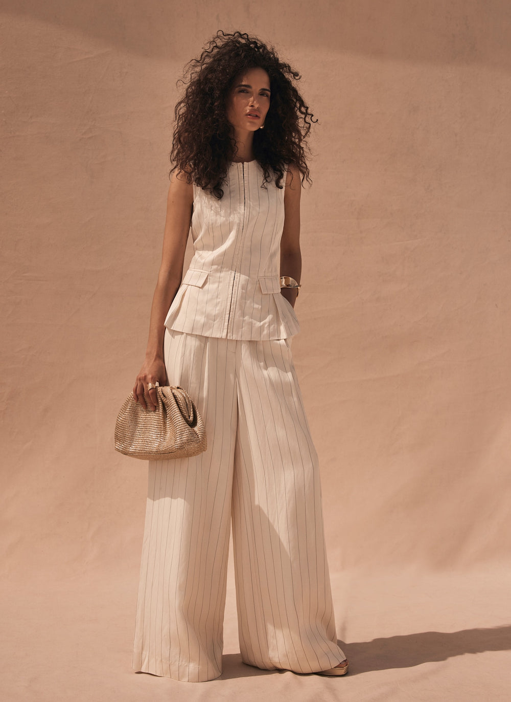 Cream Pinstripe Wide Leg Trousers