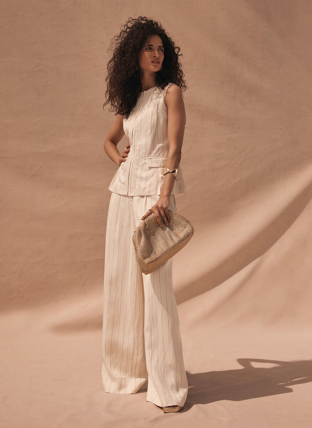 Cream Pinstripe Wide Leg Trousers