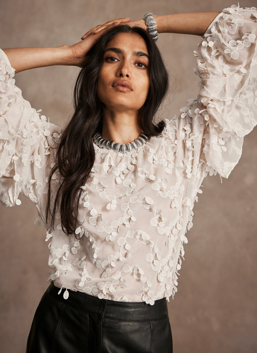 Cream Textured Ruffle Blouse