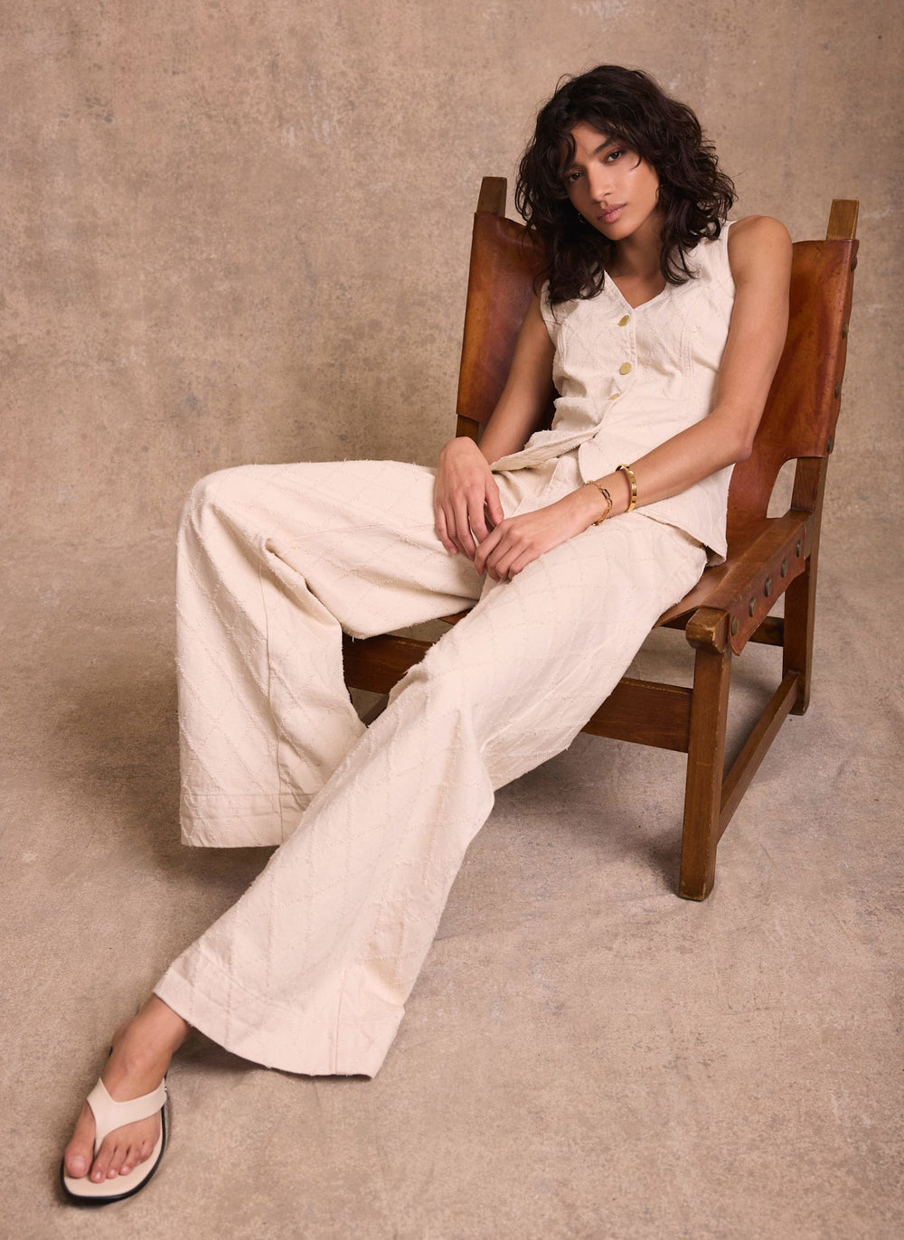 Cream Diamond Textured Wide Jeans