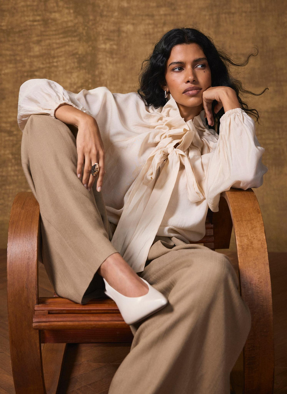 Cream Blouson Tie Neck Blouse