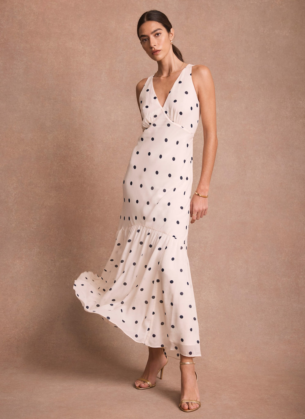 Cream Polka Dot Print Cape Maxi Dress