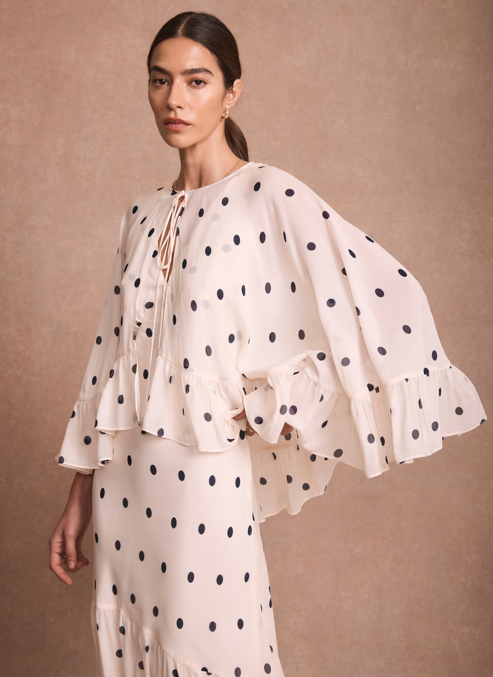 Cream Polka Dot Print Cape Maxi Dress
