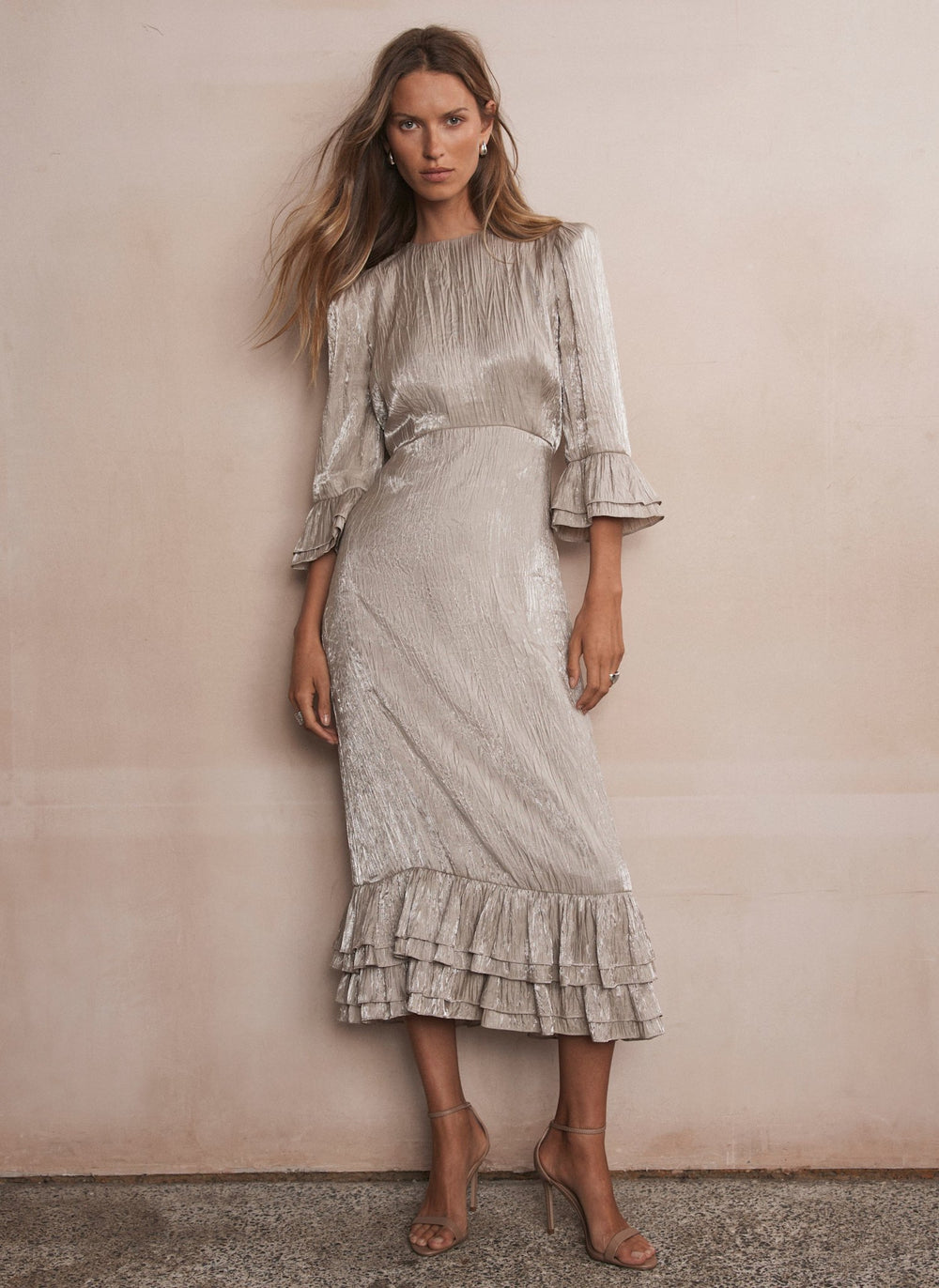 Neutral Crinkle Metallic Midi Dress