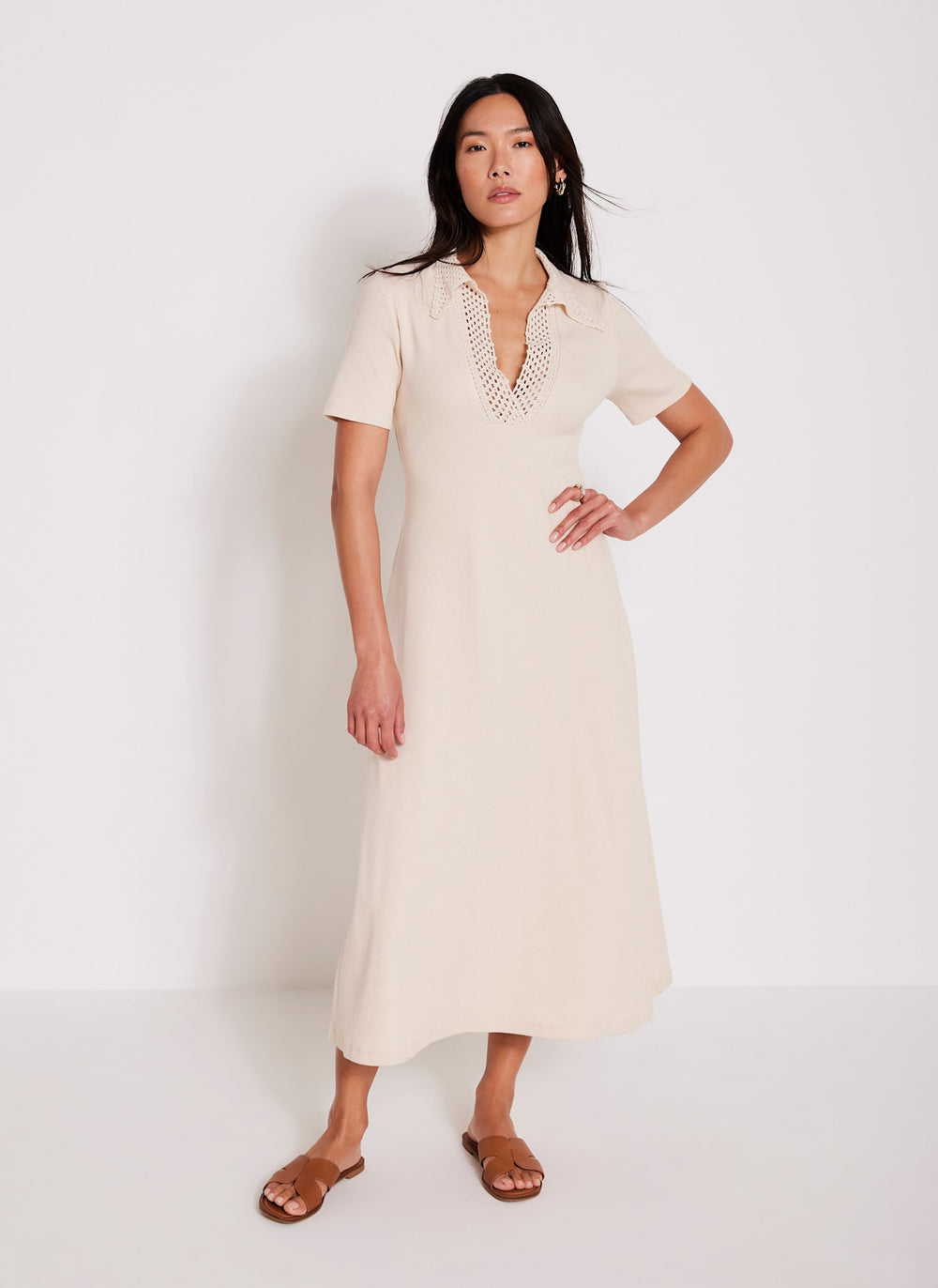 Neutral Crochet Collar Midi Dress