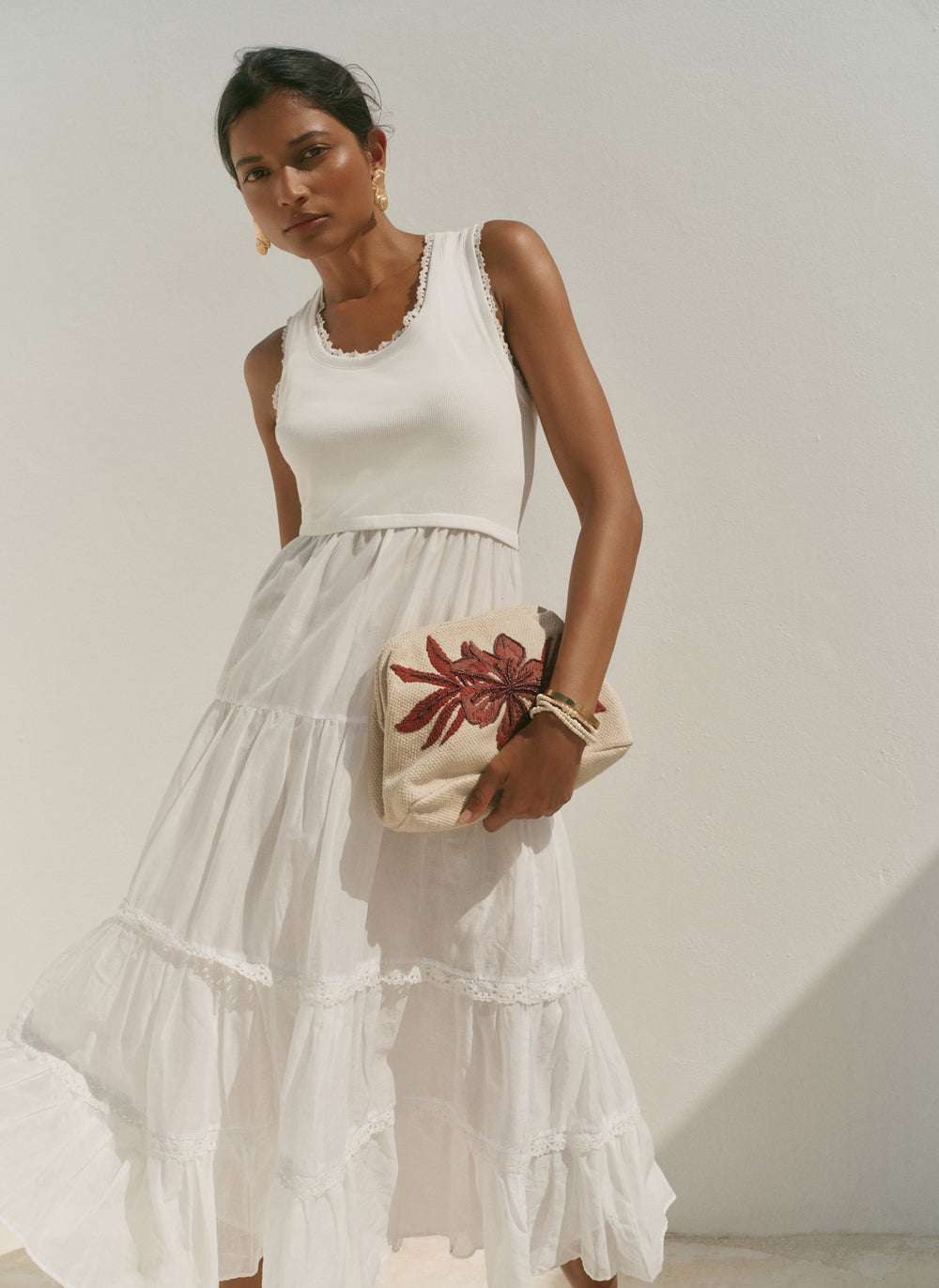 White Crochet Trim Tiered Midi Dress