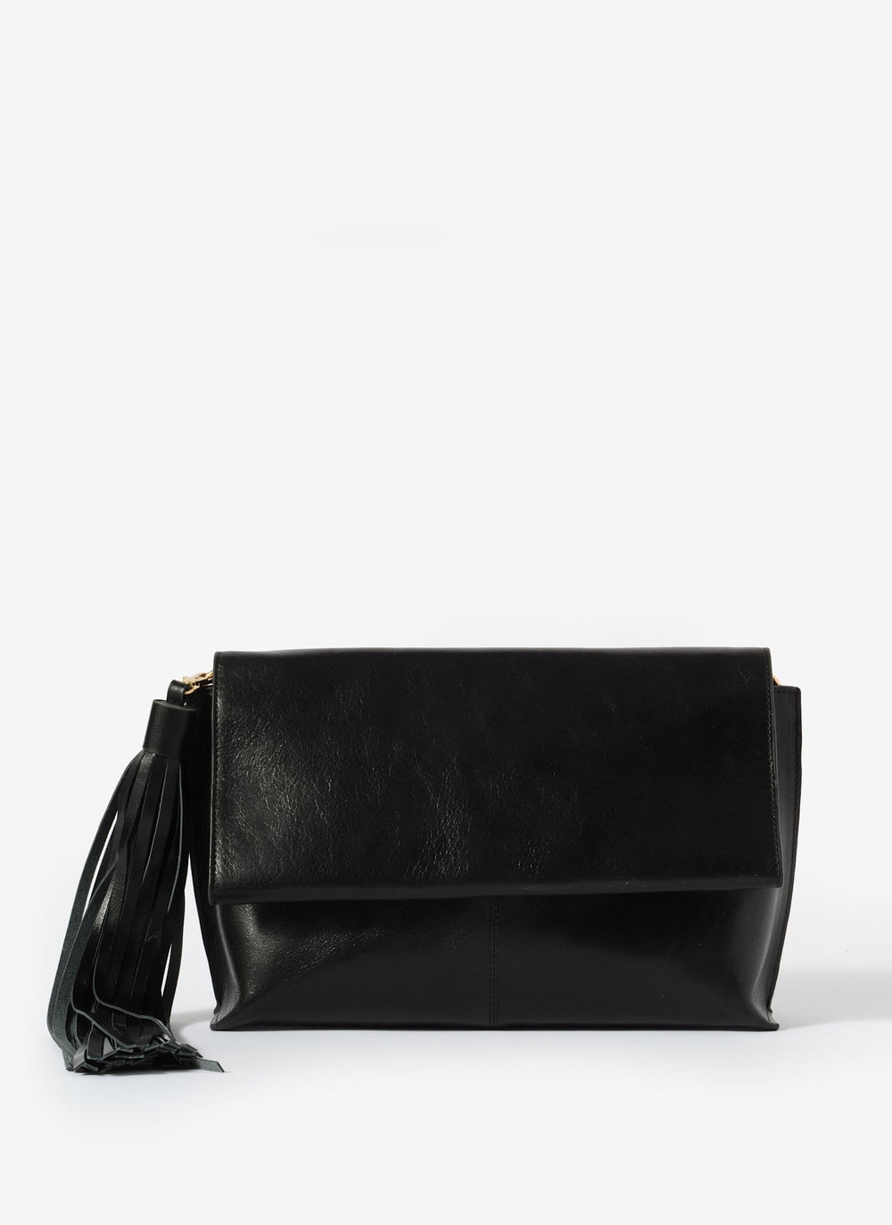 Daisy Black Leather Fold Over Tassel Clutch
