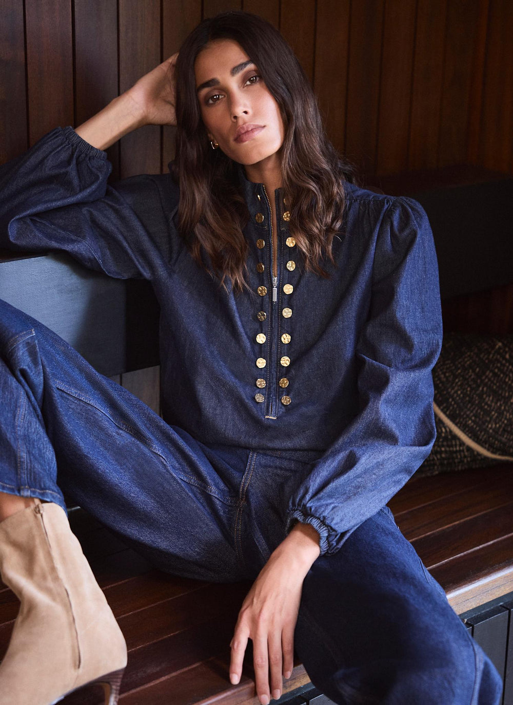 Dark Indigo Denim Zip Detail Bomber Blouse