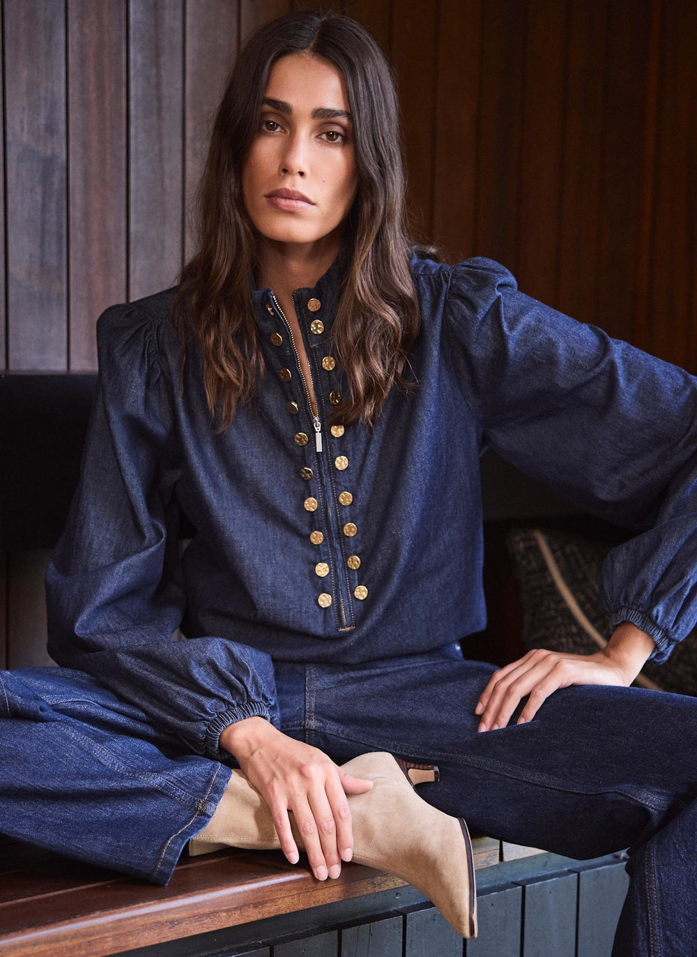 Dark Indigo Denim Zip Detail Bomber Blouse