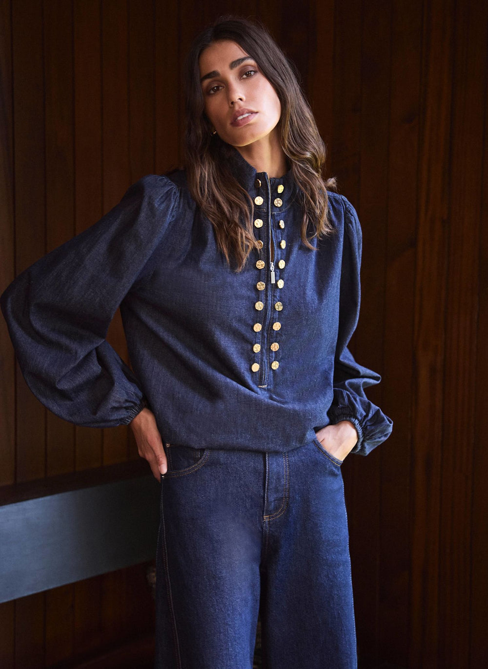 Dark Indigo Denim Zip Detail Bomber Blouse