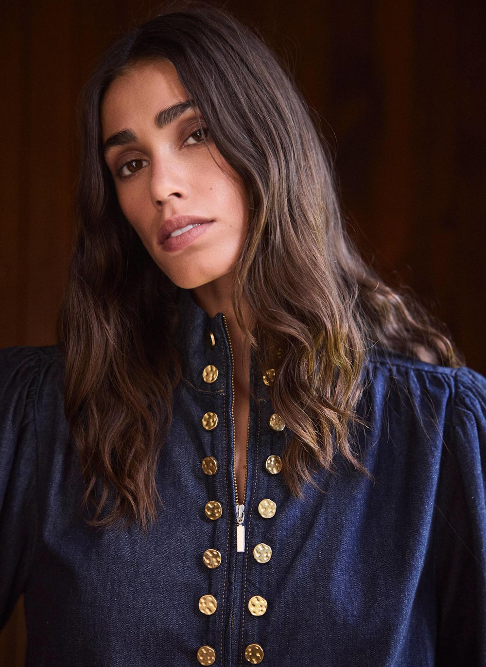 Dark Indigo Denim Zip Detail Bomber Blouse