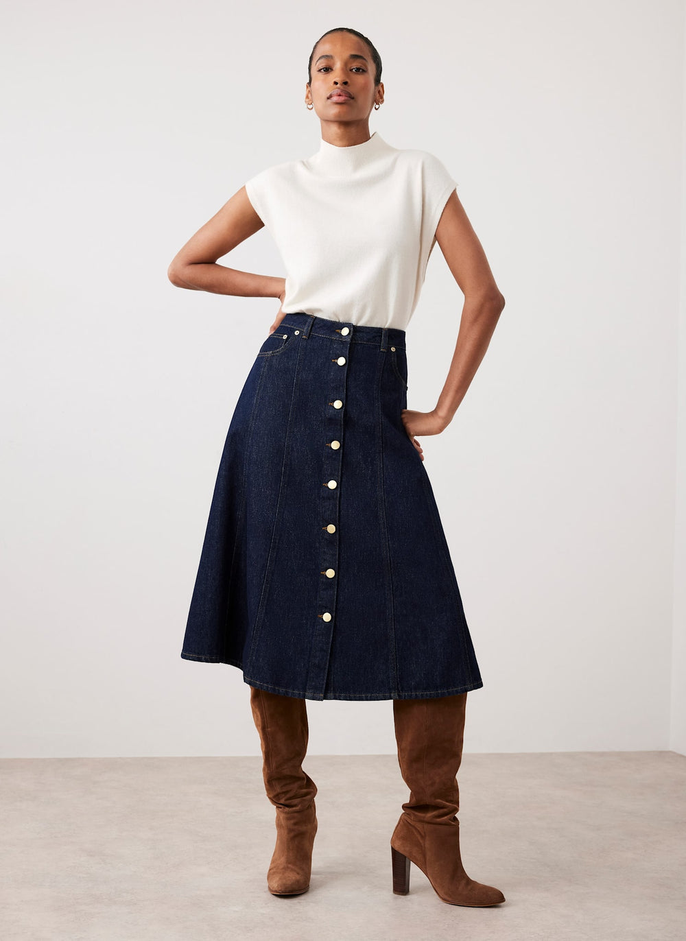 Dark Indigo Denim Midi Skirt