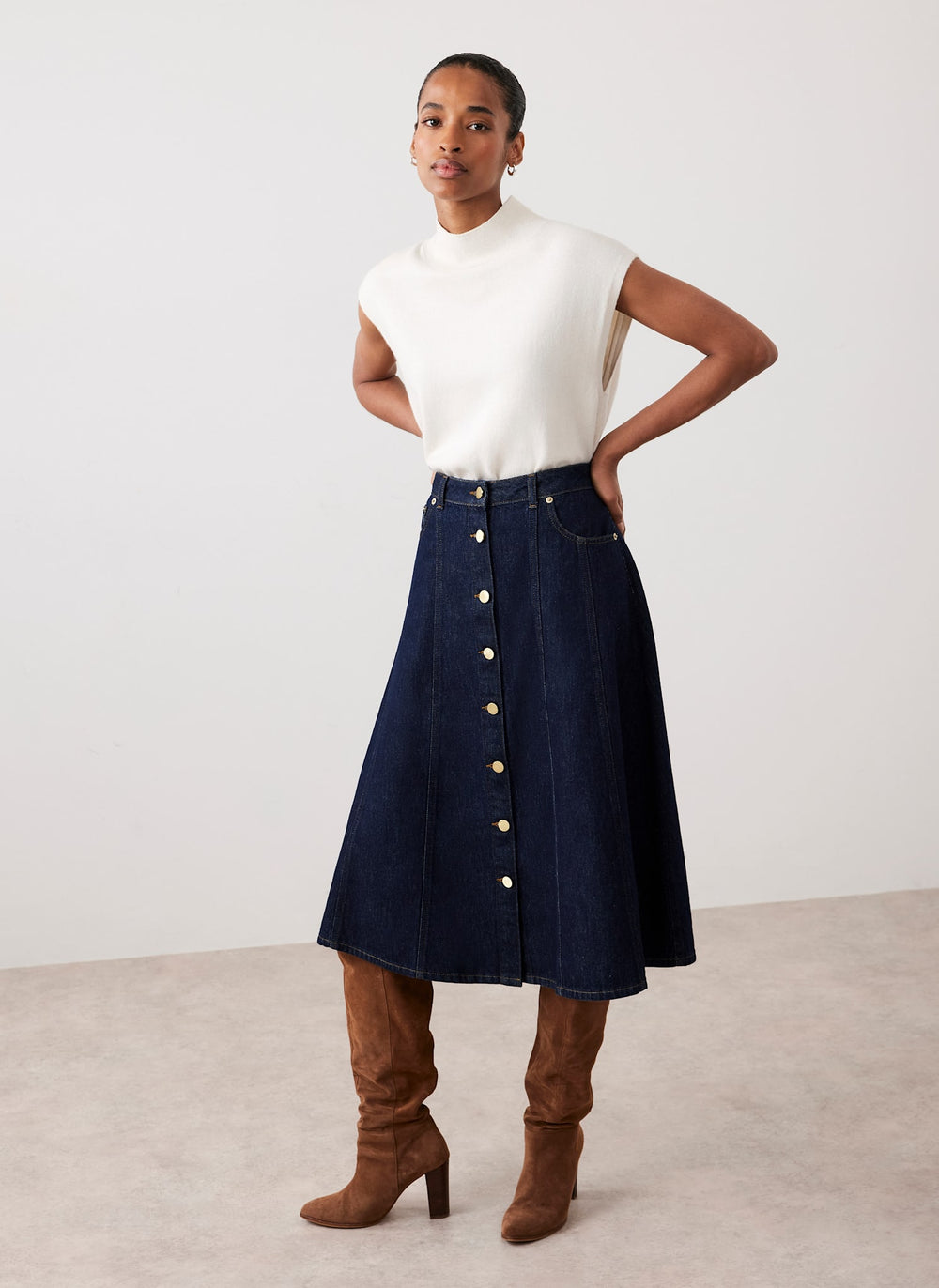 Dark Indigo Denim Midi Skirt