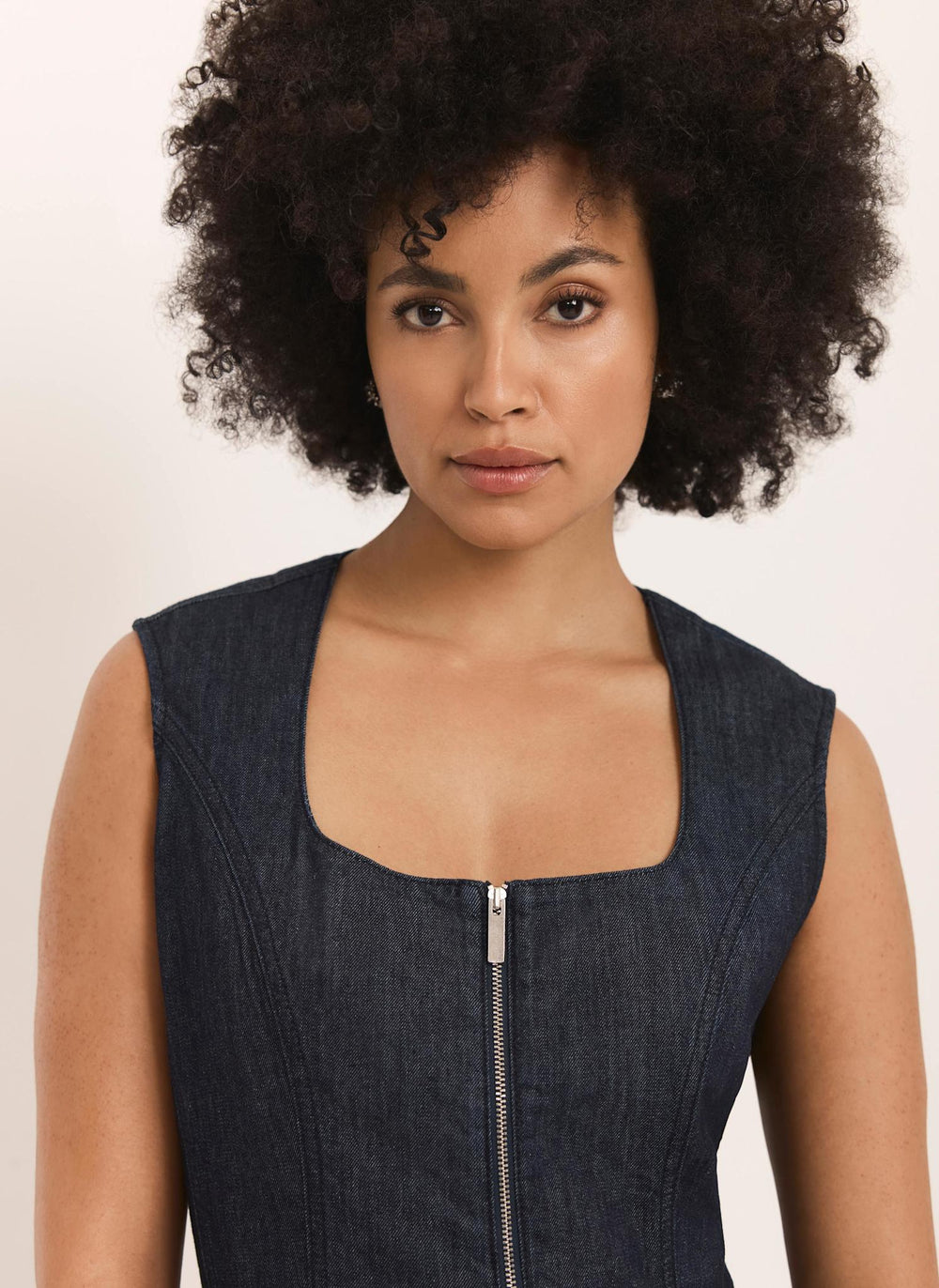 Dark Indigo Denim Zip Detail Top