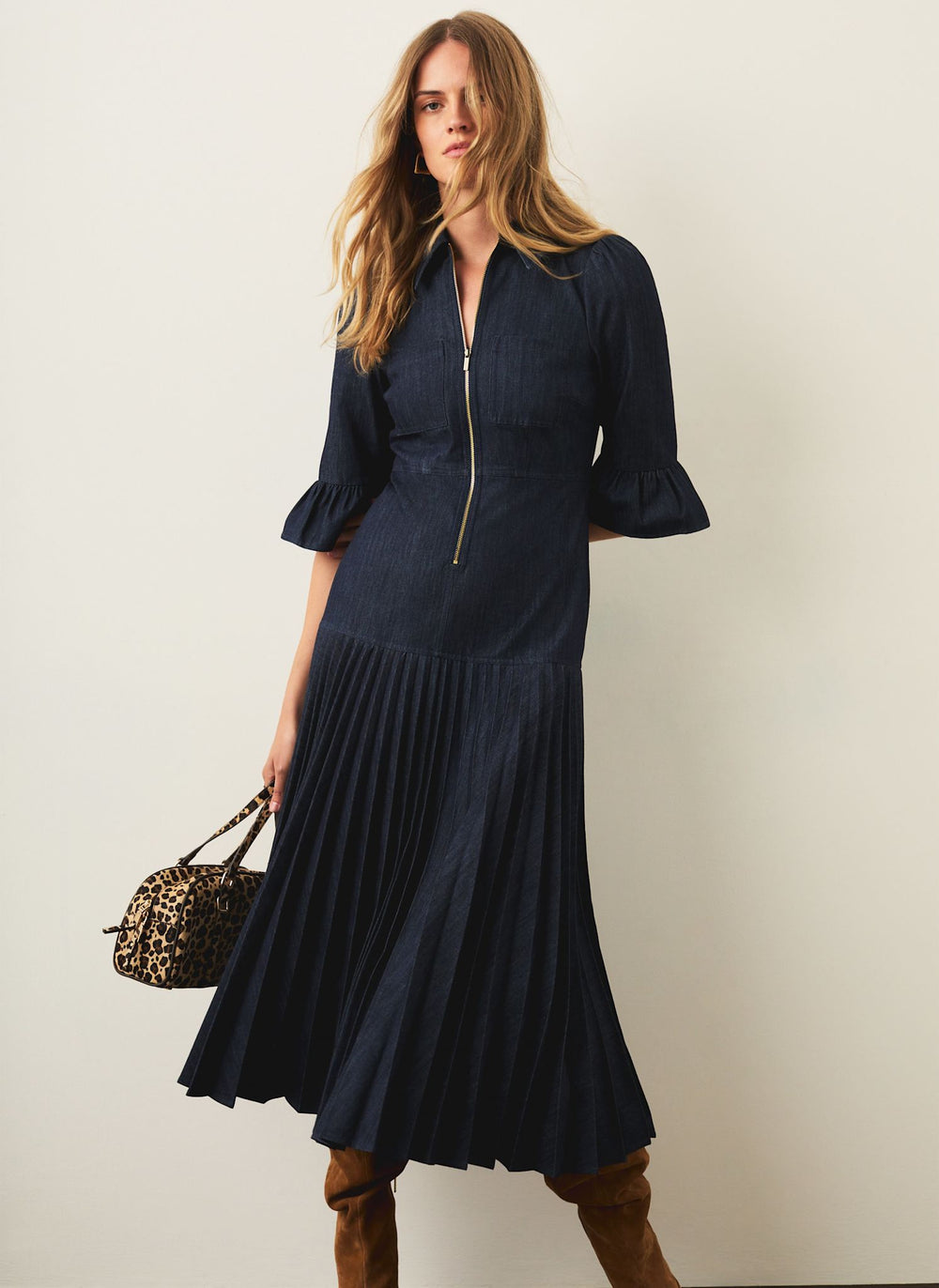 Dark Indigo Pleated Midi Dress