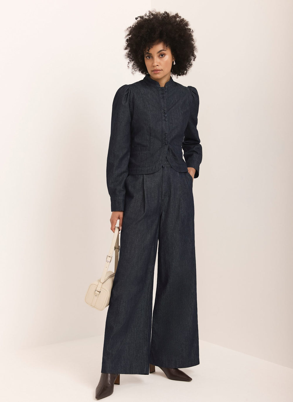 Dark Indigo Pleated Tailored Wide Leg Jeans